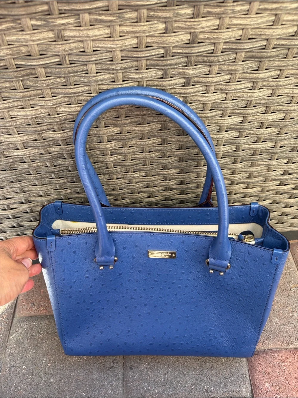 kate spade Royal Blue Ostrich-Embossed Satchel with Gold Hardware